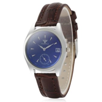 Ladies Quartz Watch Leather Strap Blue-ray Mirror DateDisplay(brown leather band+black dial) - intl  