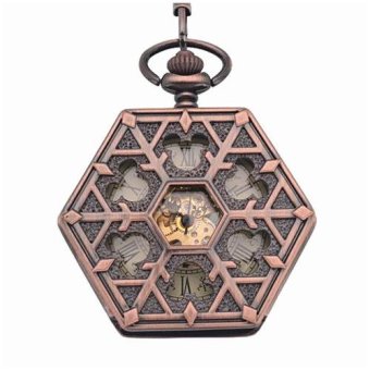 linxing Antique red bronze Hexagonal automatic pendant fob watch retro pocket watch keychain vintage mechanical pocket watch with Chain (Yellow) - intl  