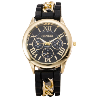 Lucky Geneva Womens Analog Quartz Silicone & Chain Band Wrist Watch with Three Sub-dials - Black - intl  