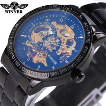 Luxury Black Dial Mens Skeleton Stainless Steel Automatic Mechanical Wrist Watch (Blue Black) - intl  
