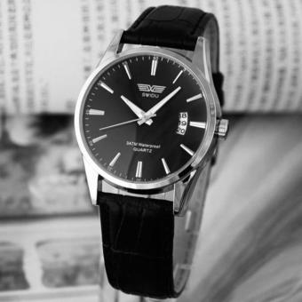 Luxury Black Leather Strap Calendar Quartz Mens Date Wrist Watch Black - intl  
