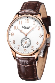 Megir Sapphire Window Stereo Number Display Chronograph Gold White Dial brown band Quartz Wrist Watches  