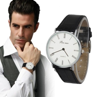 Men Luxury Fashion Business Faux Leather Roman Display Analog Watch BK - intl  