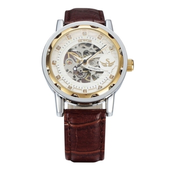 Men Round Dial Mechanical Wrist Watch with PU Band (White+Golden+Brown) - intl  