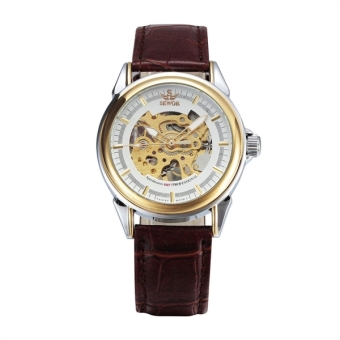 Men Round Dial Mechanical Wrist Watch with Stainless Steel Band (White+Golden+Brown) - intl  