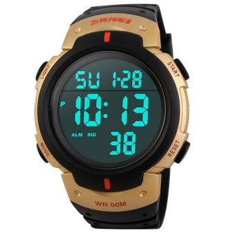 Men Waterproof Digital Multi-function LED Backlight Outdoor Sports Swimming Diving Electronic Wrist Watch Black+Golden  