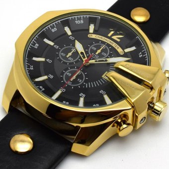 Men's Fashion Quartz Leather Strap Watch Black And Gold - intl  