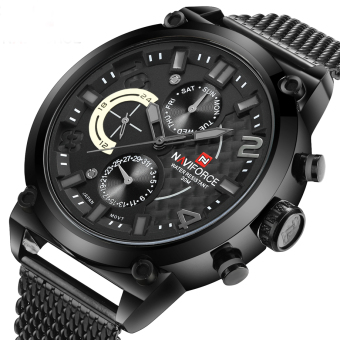 Men's Fashion Quartz Watches Mesh Steel Strap Big Dial Date Chronograph 24 Hours Sport Watch 3M Waterproof (BALCK ) - intl  