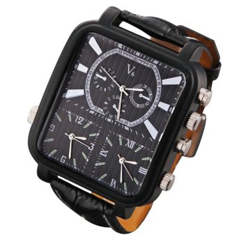Men's Outdoor Sport Business PU Leather Watch Strap 3 Time Zone Watch Square Dial Analog Quartz Wrist Watch Black  