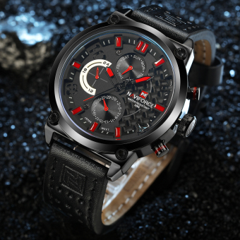 Men's Sports Watches Waterproof Quartz Watch Black Leather Strap Military Wrist (BLACK) - intl  