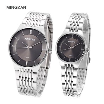 MINGZAN A006 Couple Quartz Watch Stainless Steel Band Concise Dial Water Resistance Wristwatch (Black) - intl  