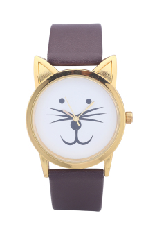 Mode dial gold wajah kucing lucu dari kepala kucing itu jam tangan pria dan wanita sabuk Fashion santai jam kuarsa (coklat)  