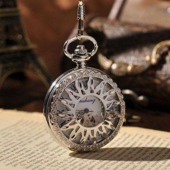 nonof Antique Special Designed Sunflowers Shape Hollow Pocket Watch Silver Roman Numerals Stainless Steel Watch With Key Chain PW85 (Silver) - intl  