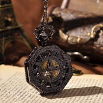 nonof Cool Black Steampunk Watch Big Arabic Number Hollow Cross Design Vintage Cut-out Cool Silver Mechanical Pocket Watch PW303 (Black) - intl  