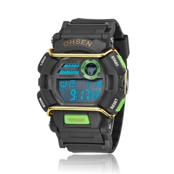 Ohsen Men's Multi-function Waterproof Backlight Display Quartz Sports Watch with Stopwatch /Date /Alarm (1602 Green+Black)  