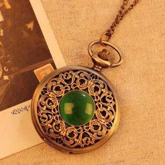 ooplm New Bronze Vintage Pocket Watch Women Necklace Quartz With Long Chain Hollow Big Green Stone Best Gift (bronze)  