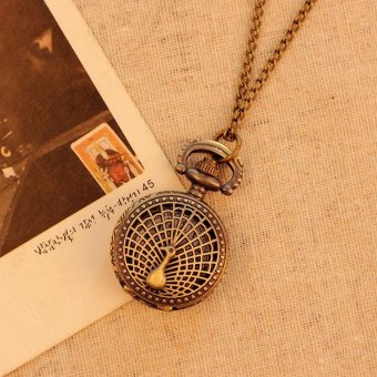 ooplm Small Peacock Pattern Retro Vintage Pocket Watch Women Necklace Quartz Alloy Pendant With Long Chain Wholesale (bronze)  