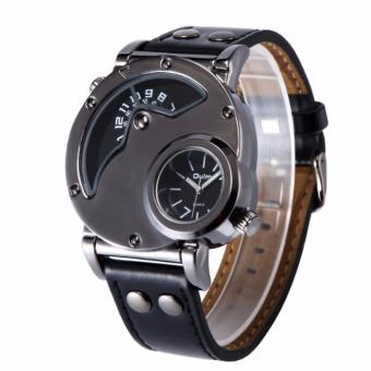 OULM Jam Tangan Pria Sport Watch Two GMT Time Zone Analog Display Leather Wristband 9591 - Coffee  