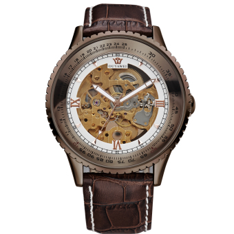 Ouyawei Skeleton Leather Strap Automatic Mechanical Watch - OYW1335 - Brown Canvas  