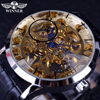 Pemenang biru transparan tangan kerangka keemasan di atas rangka jam tangan pria merek busana kasual mewah arloji mekanis - International  