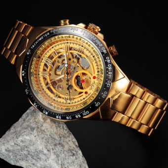 Pemenang Stainless Steel Case dan tali kulit laki-laki olahraga bisnis Fashion kasual kerangka jam tangan mekanik otomatis - Gold - International  