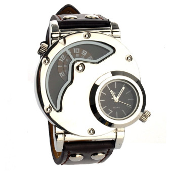 Personalized Dual Time Zone Display Wrist Quartz Watch Sports Military Wristwatch Leather Strap for Men  