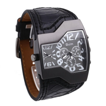 Personalized Dual Time Zone Display Wrist Quartz Watch Sports Military Wristwatch Leather Strap for Men Black  