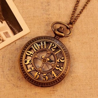 qoovan New Bronze Vintage Pocket Watch Men Women Unisex Necklace Quartz With Long Chain Hollow Big Numbers Best Gift (bronze) - intl  