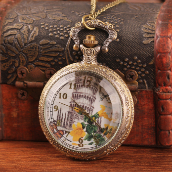 quzhuo Free ship fashion ladies with chain yellow flowers antique leaning tower of Pisa bronze case quartz large pocket watch necklace (as pic) - intl  