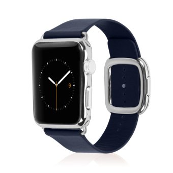 Replacement Modern Buckle Genuine Leather Wrist Band Strap for Apple Watch 38mm in Midnight Blue  