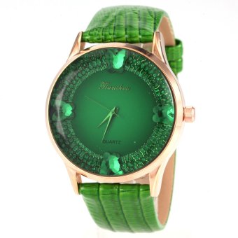 S & F Tianshou 0721G Womens 4 Butterfly Diamante Design Round Dial Analog Qaurtz Wrist Watch with Leather Band - Green  