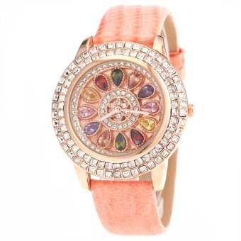 S & F Tianshou 0722G Womens Colorful Stones Rhinestone Circle Design Round Dial Analog Qaurtz Wrist Watch with Genuine Leather Band - Pink  