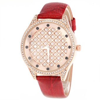 S & F Tianshou 0723G Womens Full Pearls Rhinestone Inlaid Round Dial Analog Qaurtz Wrist Watch with Genuine Leather Band - Red  