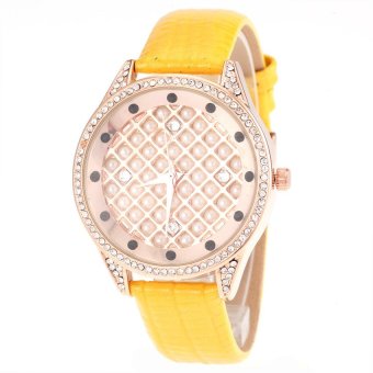 S & F Tianshou 0723G Womens Full Pearls Rhinestone Inlaid Round Dial Analog Qaurtz Wrist Watch with Genuine Leather Band - Yellow  