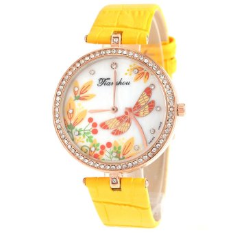 S & F Tianshou 8359 Womens Dragonfly Flower Grass Rhinestone Design Round Dial Analog Qaurtz Wrist Watch with Genuine Leather Band - Yellow  