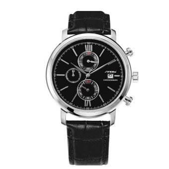 SINOBI 9542G03 Mens Silver Quartz Watch Black Leather Band Gents Wristwatches  