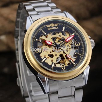 Skeleton Automatic Men Gold Color Stainless Steel Bracelet Wristwatch - intl  