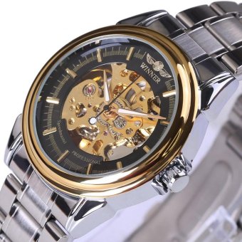 Skeleton Watch Hollow Automatic Mechanical Silver Steel Strap Men Luxury Business Sport Fashion Top Brand Wristwatch (Gold) - intl  