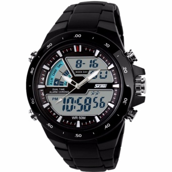 SKMEI Casio Men Dual Time Digital Sport LED Ring AD1016 Watch Water Resistant WR 50m Jam Tangan Pria Strap Mika PU Casual Fashion Wristwatch K054 - Hitam  