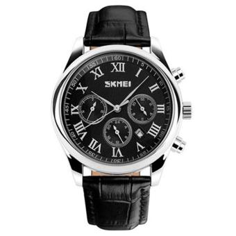 SKMEI Casual Men Leather Strap Watch Water Resistant 30m - 9078 - Black  