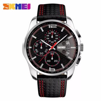 SKMEI Jam Tangan Pria Sports Watches 's Quartz Hour Date Clock Leather Strap Waterproof Wristwatch - 9106 - Black Red  