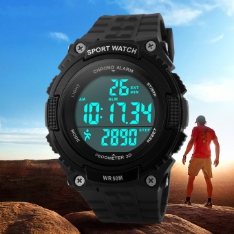 SKMEI merek Watch pedometer menjalankan jam tangan pria anak perempuan olahraga LED watch 50M tahan air tentara hijau hitam karet gelang jam digital 1112 - intl  
