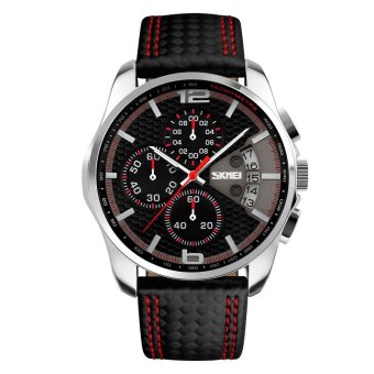 SKMEI New Luxury Top Brand Quartz Watch Men Outdoor Sports Chronograph Leather Band Waterproof Wristwatch Relogio Masculino 9106 - intl  