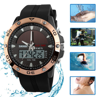SKMEI Solar Power Sport Waterproof Watches Men Women Digital Analog Outdoor Swimming Diving Wristwatches (Black+Rose gold) - Intl  