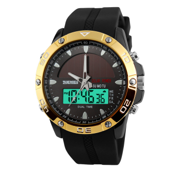 SKMEI Solar Power Sport Waterproof Watches Men Women Digital Analog PU Starp Outdoor Casual Wristwatches (Black+Gold) - Intl  
