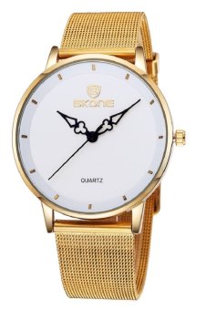 Skone Women Fashion Big Ultrathin Dial Steel Mesh Band Luxury Design Analog Quartz Lady Watch gold white  