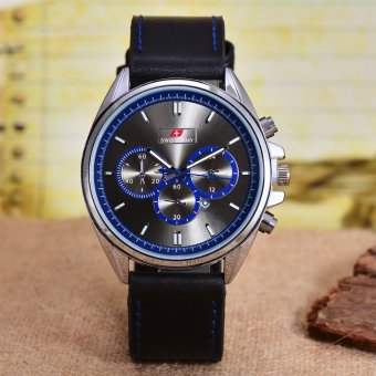 Swiss Army - Jam Tangan Pria – Body Silver– Blue/Black Dial – Black Leather strap – SA- 7743A–SB-Blue-TGL-Kulit Hitam  