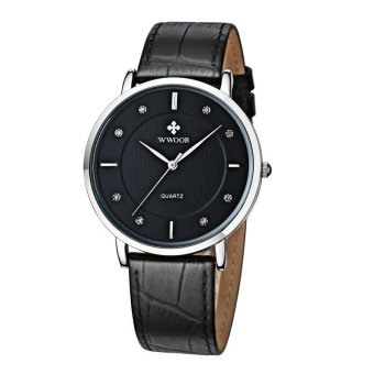 Top Brand WWOOR Men Watches Ultra Thin Real Black Leather Watchband Waterproof Casual Watch Men Wrist Quartz Watch Fashion Wristwatches 8011 (Black) - intl  