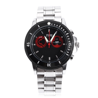 TVG 469 Digital Quartz Double Movt Male Watch Day Alarm Luminous LED Display Chronograph Sport Wristwatch (Black)  