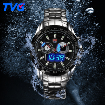 TVG Sports Watch Full Stainless Steel Men Army Military Quartz Wristwatches Mens Dual Time Display Relogio Masculino  